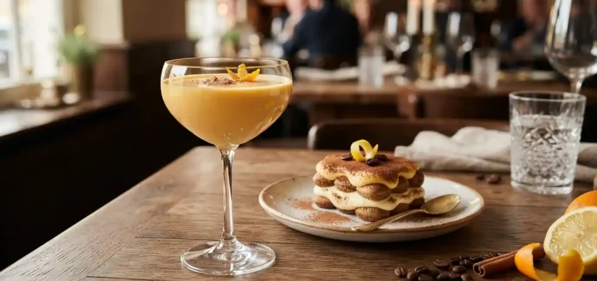 Creamy golden advocaat cocktail served beside an advocaat dessert with citrus and cinnamon garnishes