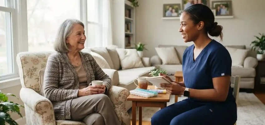 Healthcare caregiver speaking with an older adult in a comfortable home setting