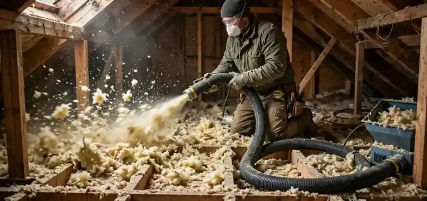 Contractor installing blown-in attic insulation in a USA home attic