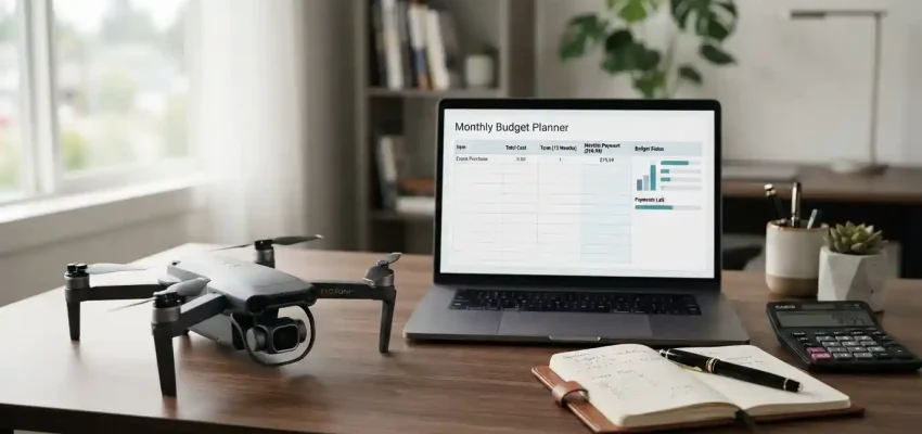 Autel drone displayed beside a laptop and payment planning materials in a modern workspace