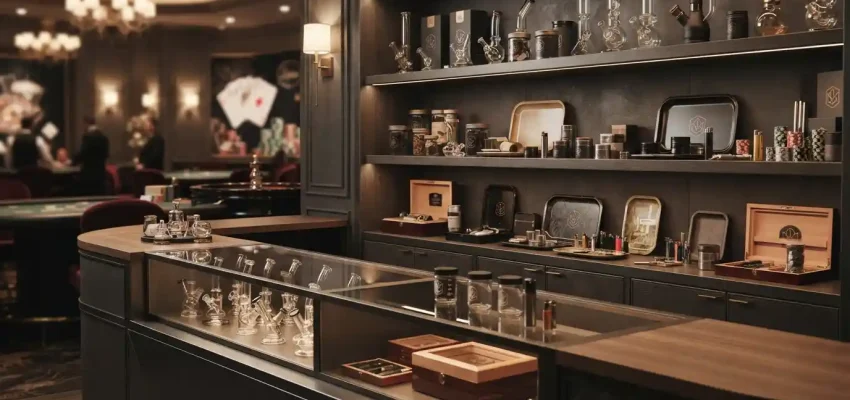 Premium smoking accessories displayed in an upscale casino-themed smoke shop