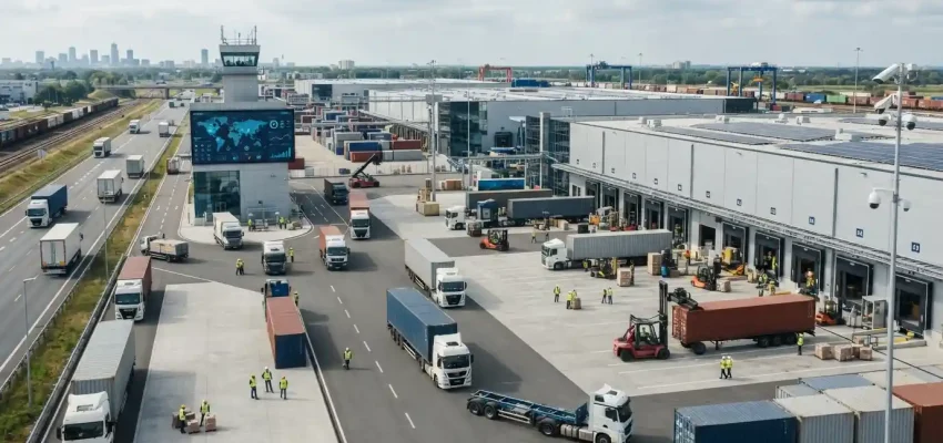 Modern logistics operation with cargo containers, warehouse facilities, delivery trucks, and connected supply chain processes