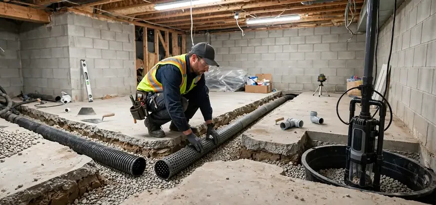 Basement waterproofing cost: technician installing interior French drain and sump pump