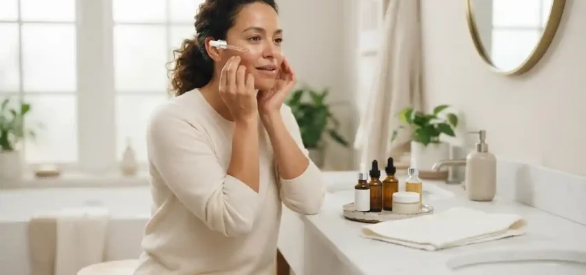 Woman following a simple skincare routine with cleanser, serum, and moisturizer at a modern beauty vanity