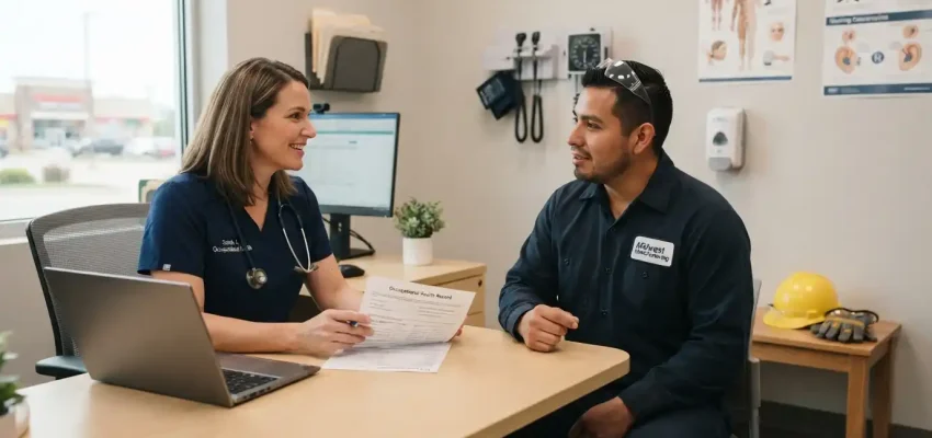 Healthcare professional consulting with an employee during a workplace health assessment