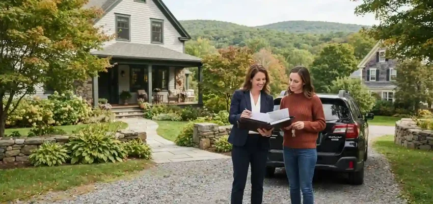 Real estate agent and buyer reviewing property documents outside a New England home in the Berkshire landscape