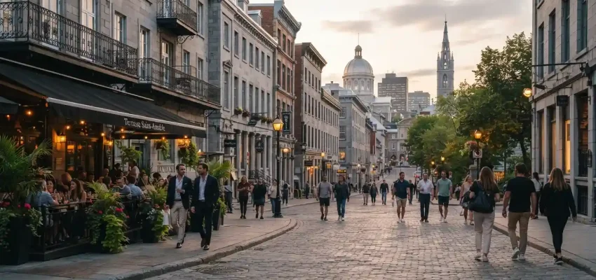 Historic Montreal streetscape with hotels, cafes, and visitors exploring the city