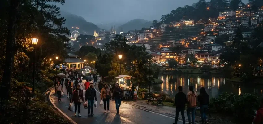 Baguio city streets and park surroundings illuminated after sunset