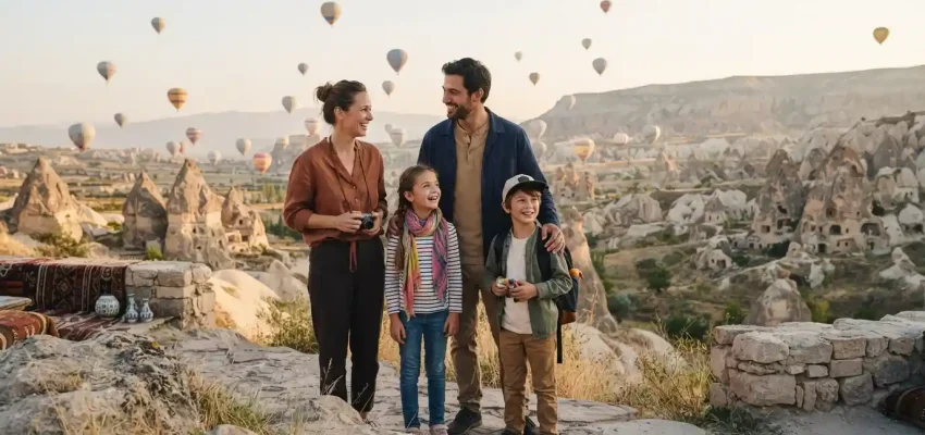 Family enjoying a scenic Turkey vacation with Cappadocia landscapes and hot-air balloons in the background