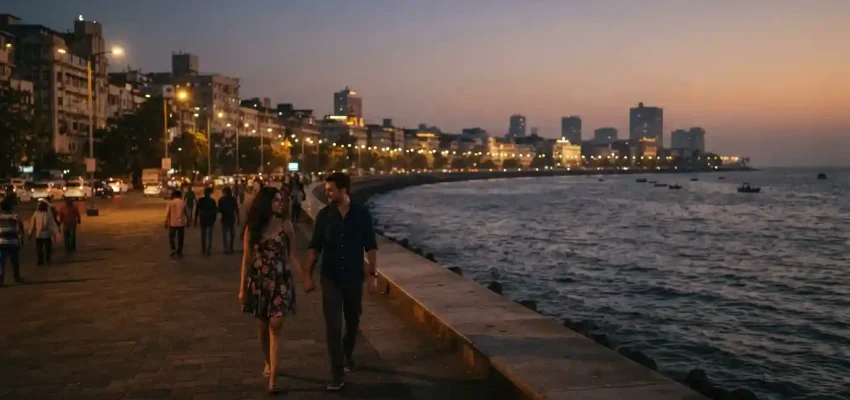 Couple walking along Marine Drive in Mumbai during sunset