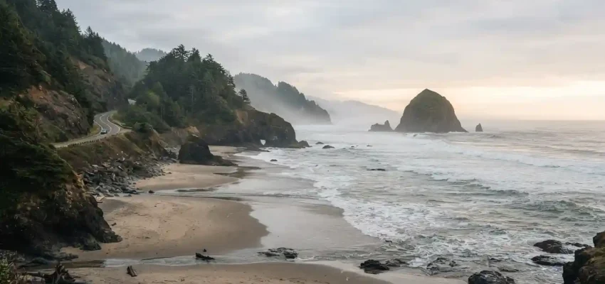 Rugged Oregon Coast shoreline with sandy beach, cliffs, and offshore sea stack