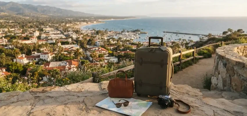 Travel essentials beside a scenic coastal viewpoint for a weekend getaway