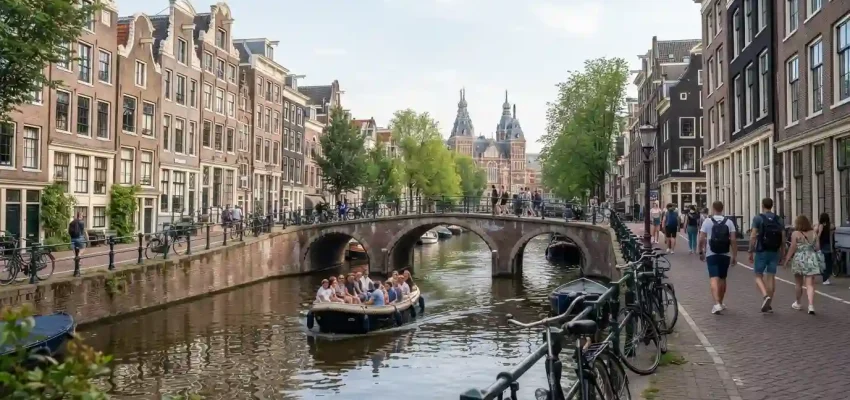Amsterdam canal with historic houses, bridge, bicycles, and a canal boat