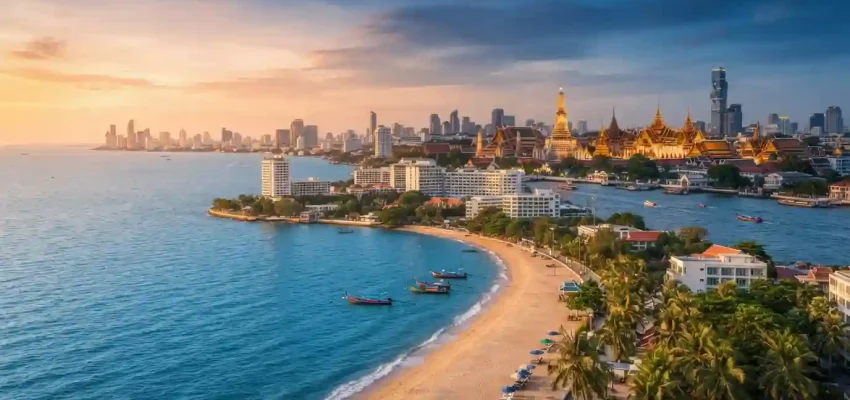 Bangkok temple architecture and Pattaya beach coastline at golden hour