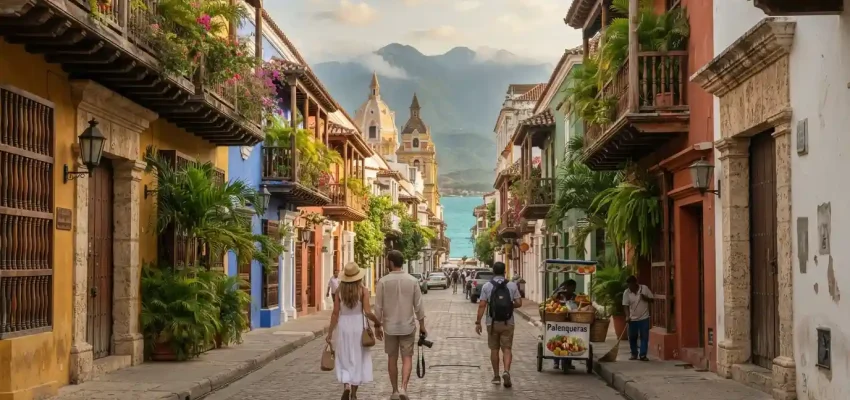 Colorful Colombian colonial street with tropical greenery and mountains in the distance