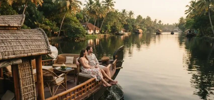 Couple relaxing on a Kerala houseboat surrounded by peaceful backwaters and tropical greenery