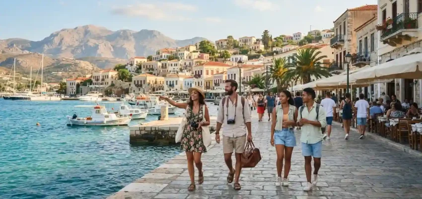 Travelers exploring a sunny international coastal destination during summer