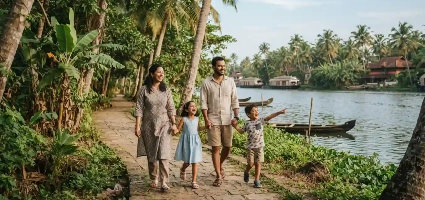 Family exploring a tropical attraction in Trivandrum, Kerala