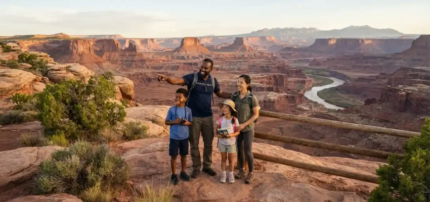 Family with children enjoying a scenic Utah red-rock landscape