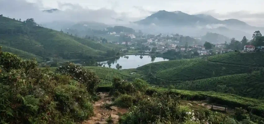 Misty green hills, tea plantations, and a lake in Nuwara Eliya, Sri Lanka