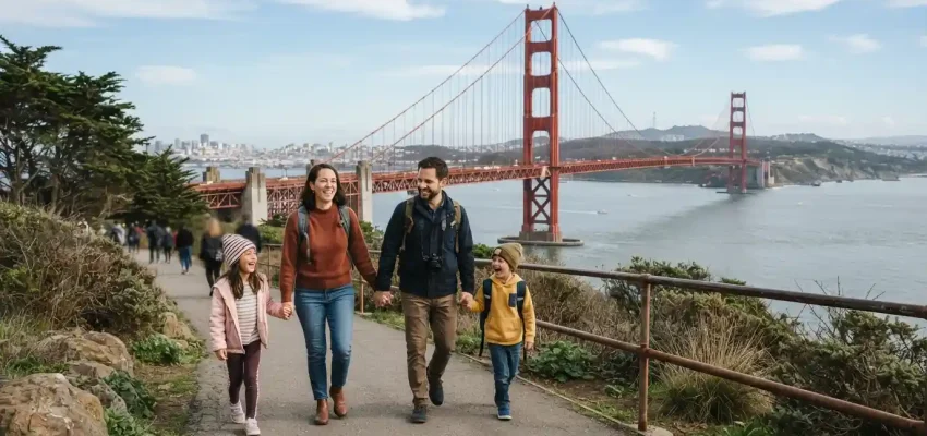 Family with children exploring a San Francisco viewpoint with the Golden Gate Bridge in the background