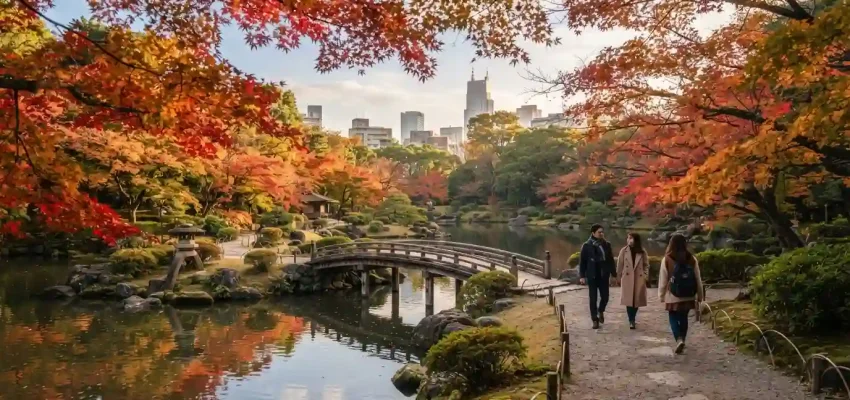 Autumn foliage surrounding a traditional Japanese garden in Tokyo