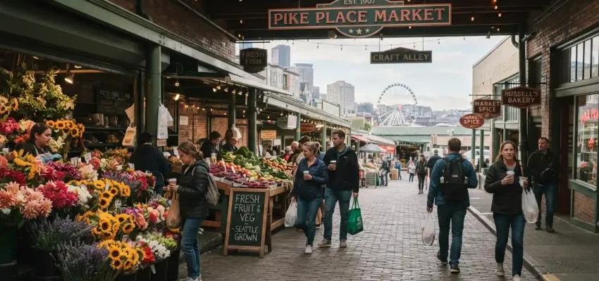 Early morning visitors exploring colorful vendor stalls at Pike Place Market in Seattle