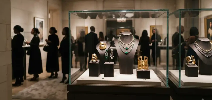 Contemporary jewelry pieces displayed in a New York exhibition celebrating Black jewelry designers