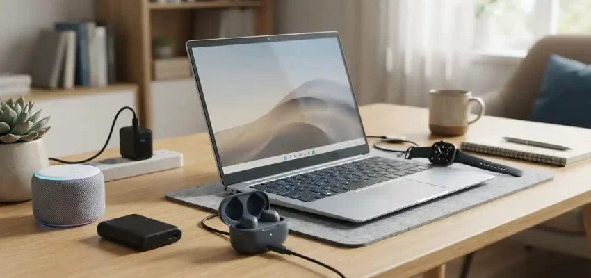Affordable gadgets including wireless earbuds, smartwatch, laptop, charger, and power bank arranged on a modern desk