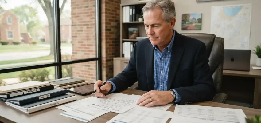 Business owner reviewing financial documents and planning an ownership transition in a professional office.