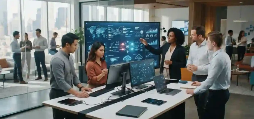 Business professionals using connected digital technology and analytics tools in a modern office