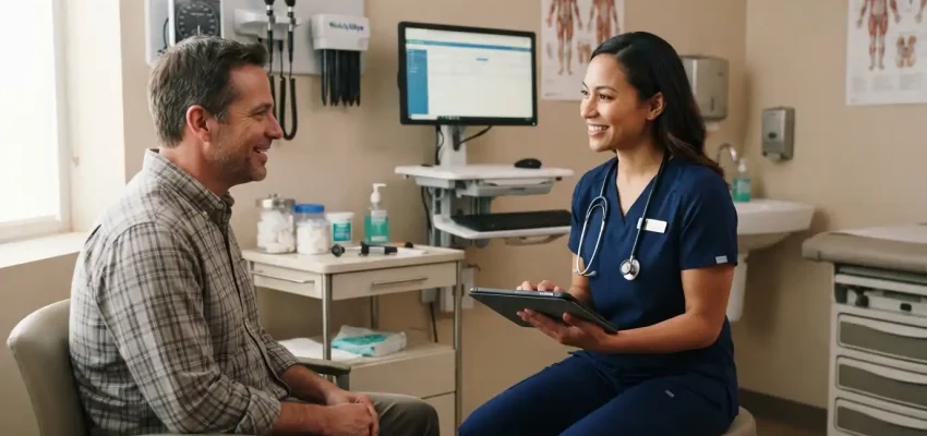 Healthcare provider consulting with a patient in a modern medical clinic examination room