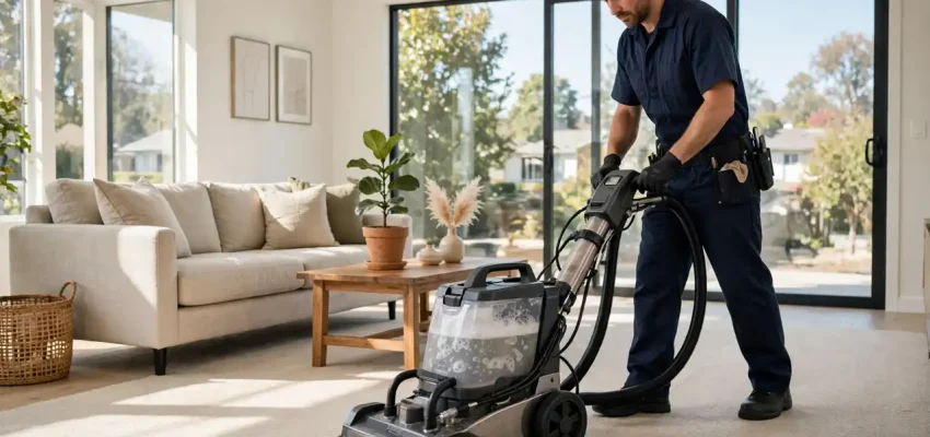 Carpet cleaning cost 2026 — professional cleaner deep-cleaning a living room carpet in a US home