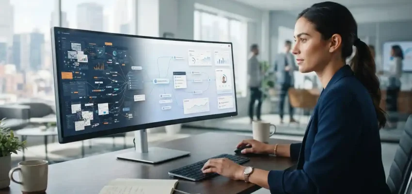 Professional user navigating a streamlined digital transformation journey with connected data and interface elements