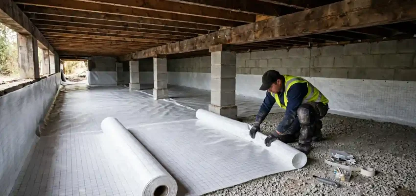 Crawl space encapsulation cost: worker installing a white vapor barrier liner under a house