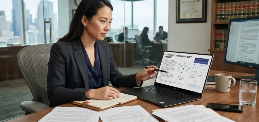 Attorney reviewing digital asset legal documents beside blockchain technology on a laptop