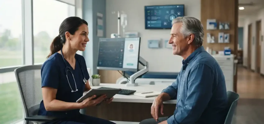 Healthcare professional providing patient-centered care with digital medical technology in a modern clinic