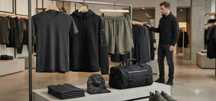 Athletic streetwear and military-inspired apparel displayed in a modern retail setting