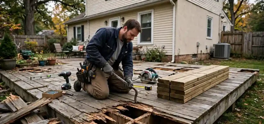 A contractor repairing a weathered wooden backyard deck on an American home, replacing deck boards with tools