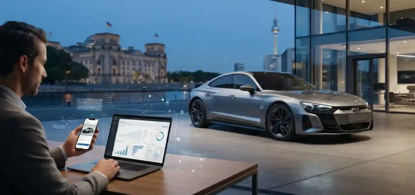 Modern electric vehicle in Berlin with digital marketing technology and analytics displayed nearby