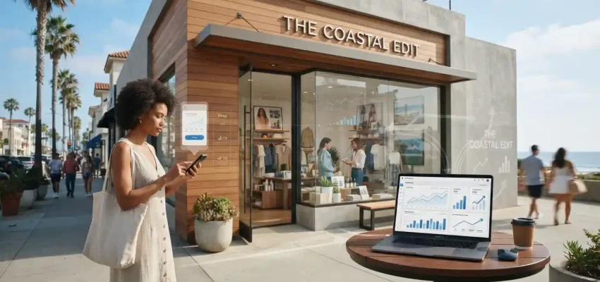 Modern Manhattan Beach retail storefront with a shopper using a smartphone and digital marketing analytics displayed on a nearby device