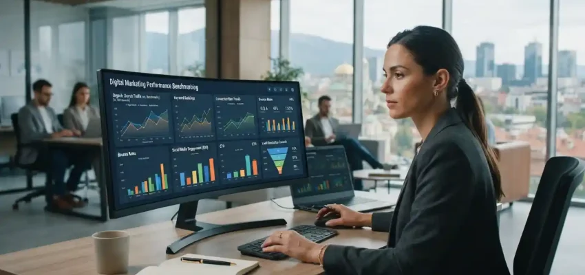 Digital marketing analyst reviewing performance benchmarks on analytics dashboards in a Sofia technology office