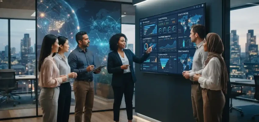 Business professionals analyzing digital marketing data and customer growth strategies on a large analytics screen.