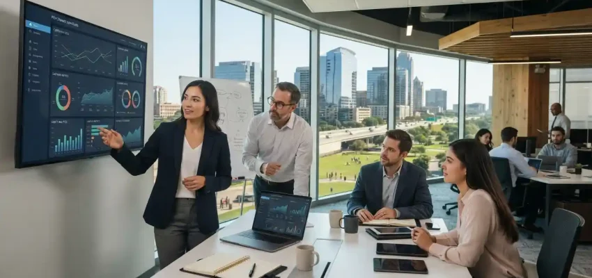 Professionals in a Plano office analyzing digital marketing data for business growth