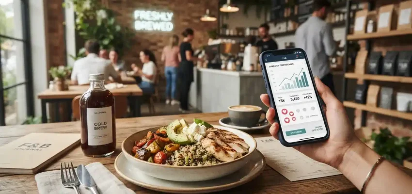 Food and beverage products presented alongside a smartphone showing digital marketing analytics