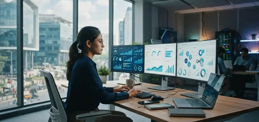 Technology professional analyzing digital marketing and IT performance on multiple screens in a modern Lucknow office