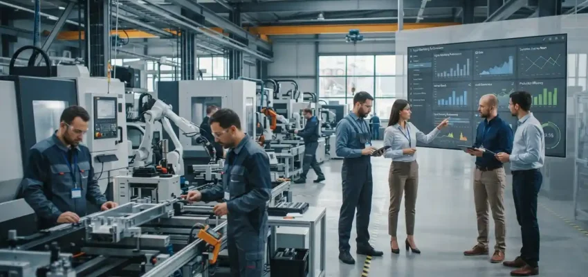 Manufacturing professionals reviewing digital marketing analytics inside a modern industrial facility