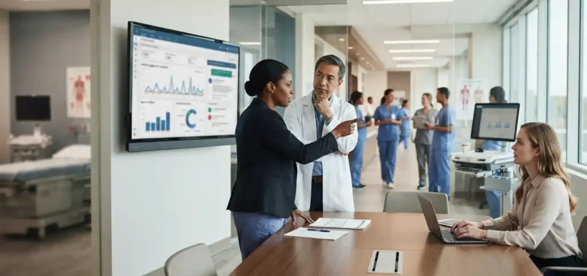 Medical professionals using digital analytics and marketing technology in a modern healthcare setting