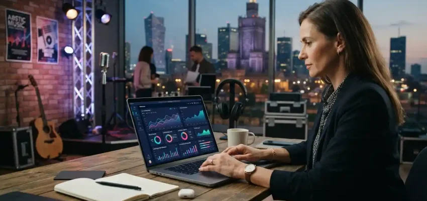 Marketing analytics displayed beside music and entertainment elements in a modern Warszawa creative-business workspace