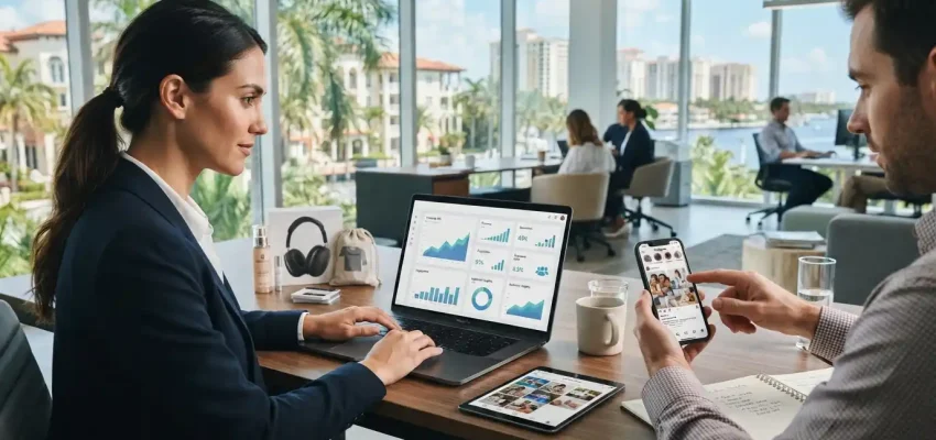 Digital marketing analytics workspace with consumer business campaign data in a Boca Raton setting